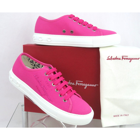 FERRAGAMO MEDITERR WOMEN HOT PINK CANVAS LEATHER TRIM LOGO SNEAKERS 9 C